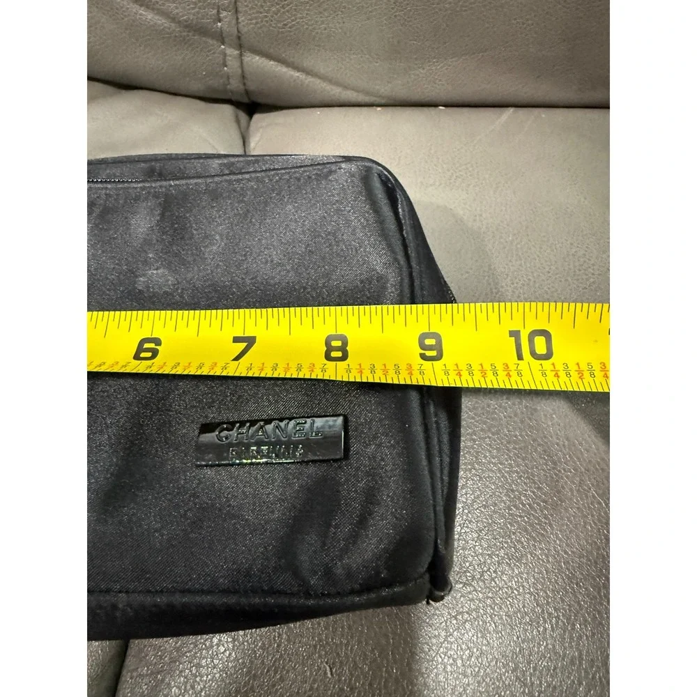 Chanel Parfums Black Satin Cosmetic Pouch Toiletry Bag Makeup Case Logo‎ Lined
